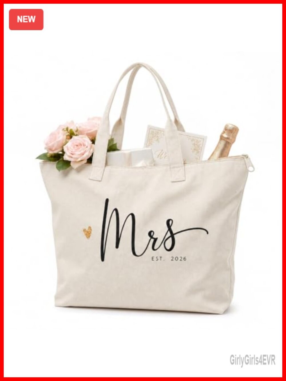 Mrs Est 2026 Bridal Shower Tote Bag Cotton Canvas Zipper Wedding Bride Gift
